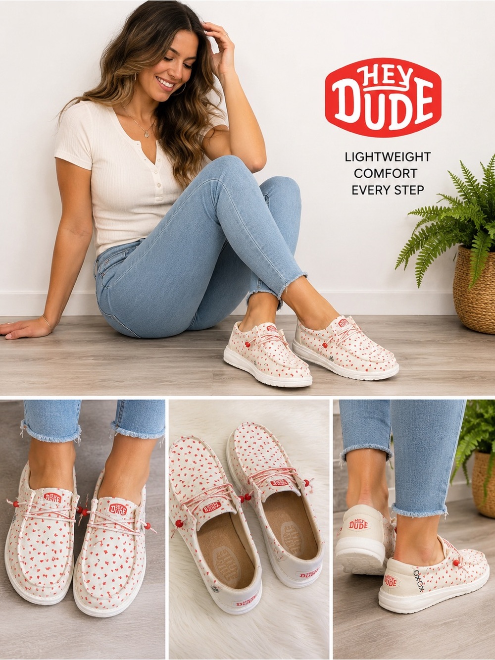 Hey Dude Women’s Cream Slip-On Sneakers with Red Heart Print